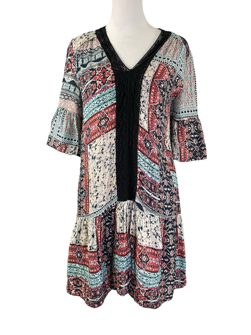 Maeve by Anthropologie XSP Dress Boho V-Neck Lined Short Bell Sleeves Patchwork